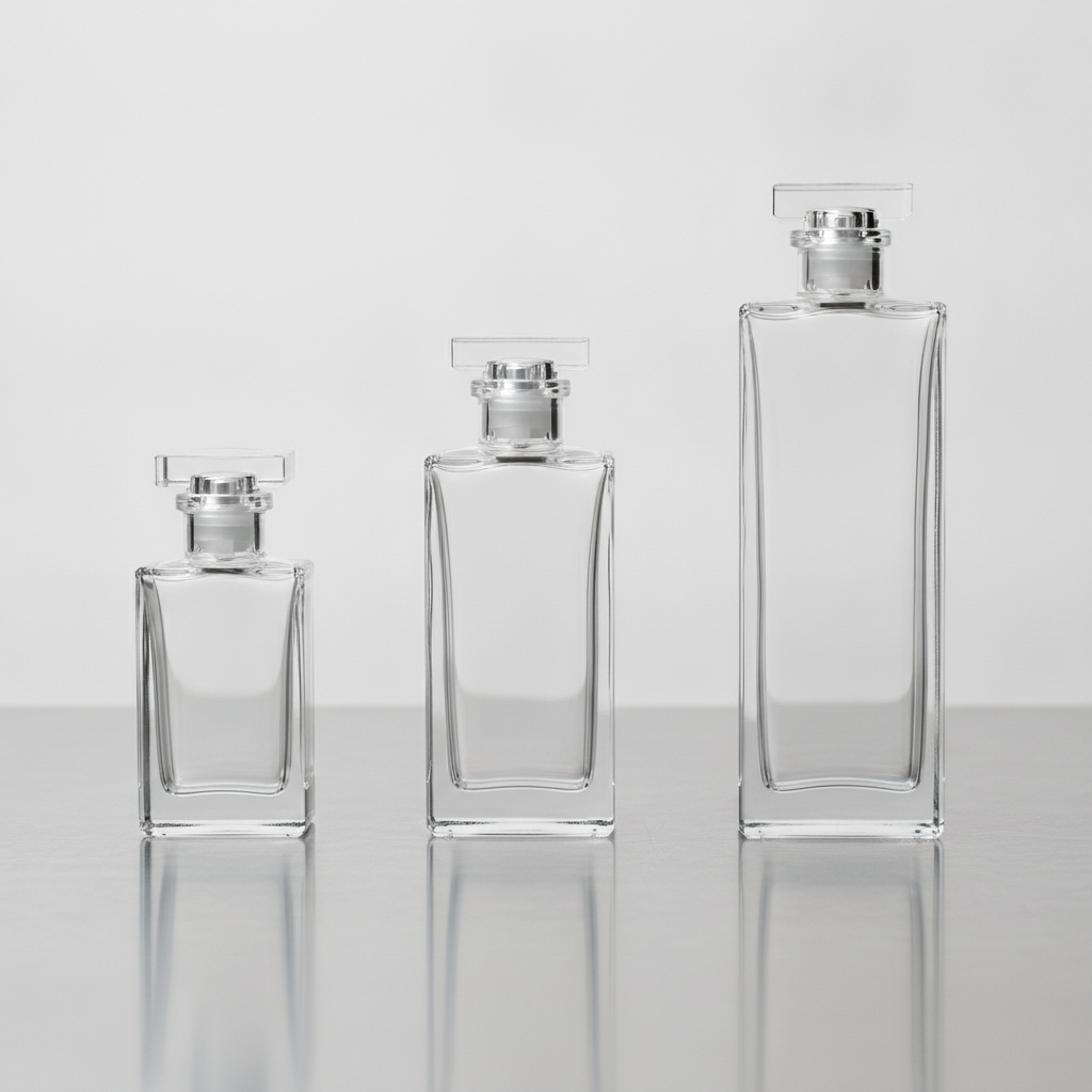 Three rectangular clear glass perfume bottles of different heights